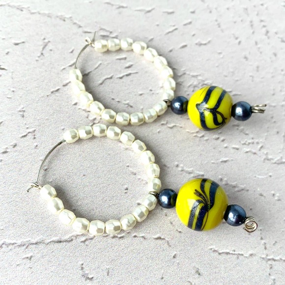 Line Dancer - Yellow and Blue Glass Hoop Earrings - Picture 4 of 5